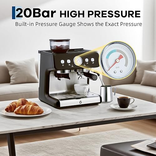 Miniatura 3 de Garvee Máquina de café expreso de acero inoxidable con molinillo y presión de 20 bares, tanque de agua extraíble de 2.8 L, varita de vapor