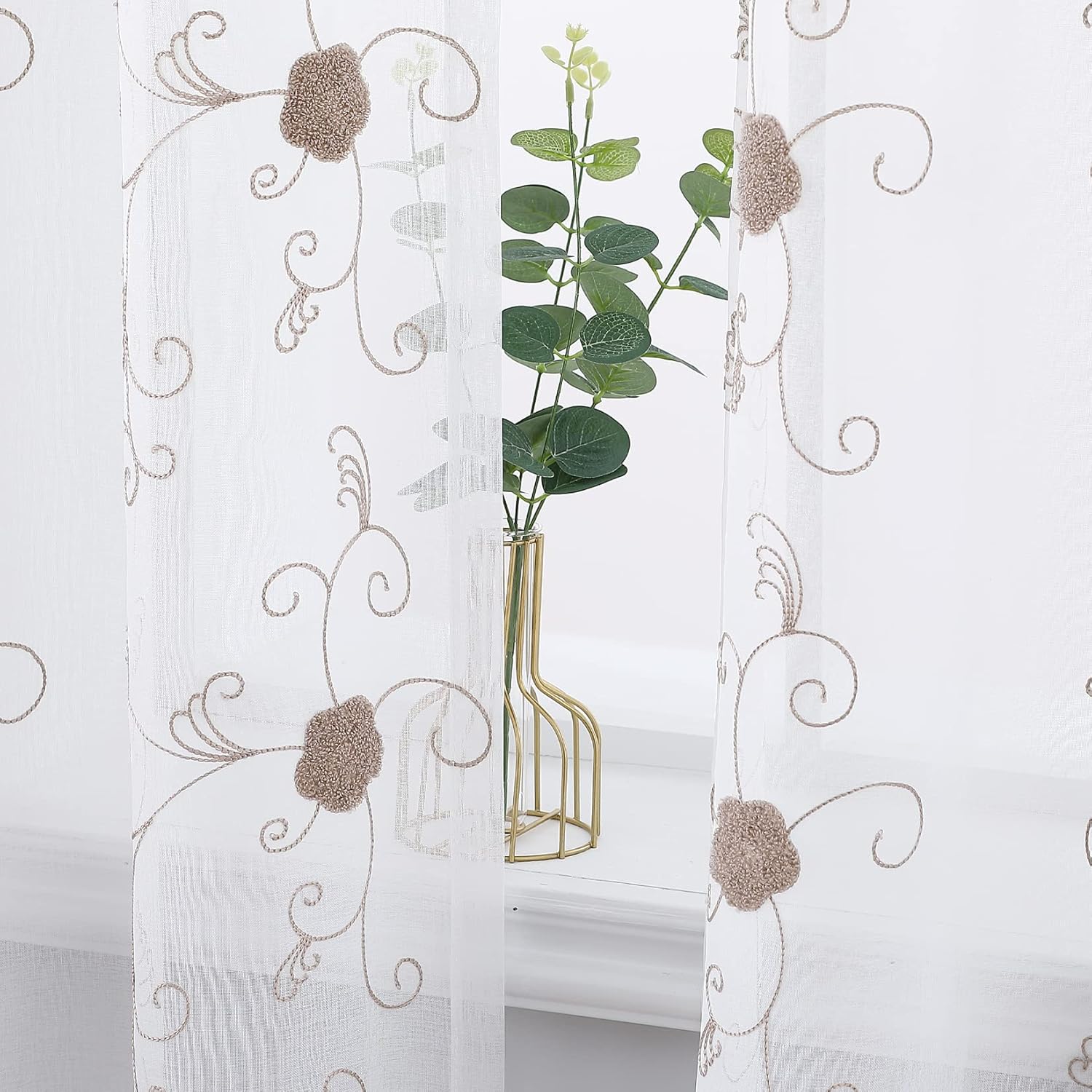 CAROMIO Semi Sheer Curtains 84 Inches Long 2 Panels, Floral Embroidered Half Translucent Grommet Voile Drapes Farmhouse Window Treatments Decor for Living Room, Bedroom, Brown, 52" W x 84" L