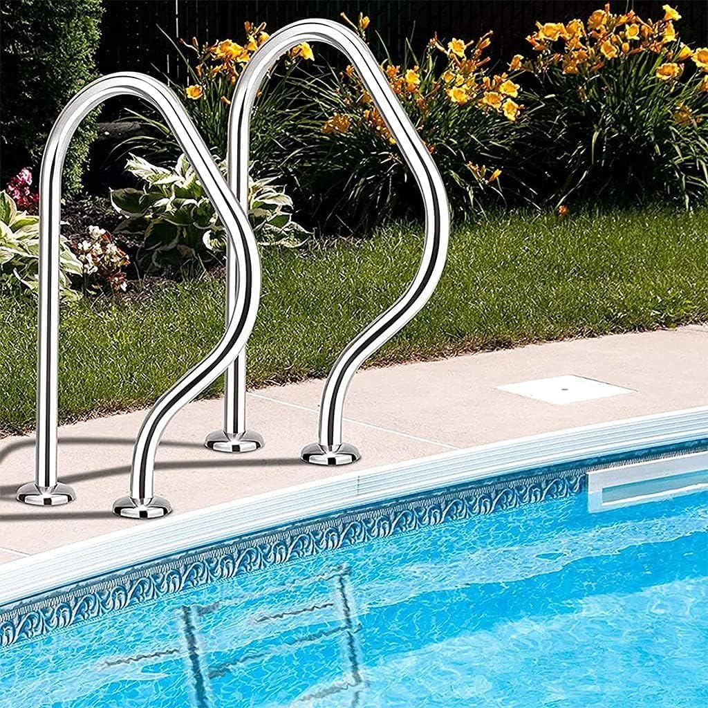 Pool Handrails for Inground Pool Entrances, 304 Stainless Steel Safety Handrails, 3 Elbow Humanized Handle Design,Full Set Accessories,Silver