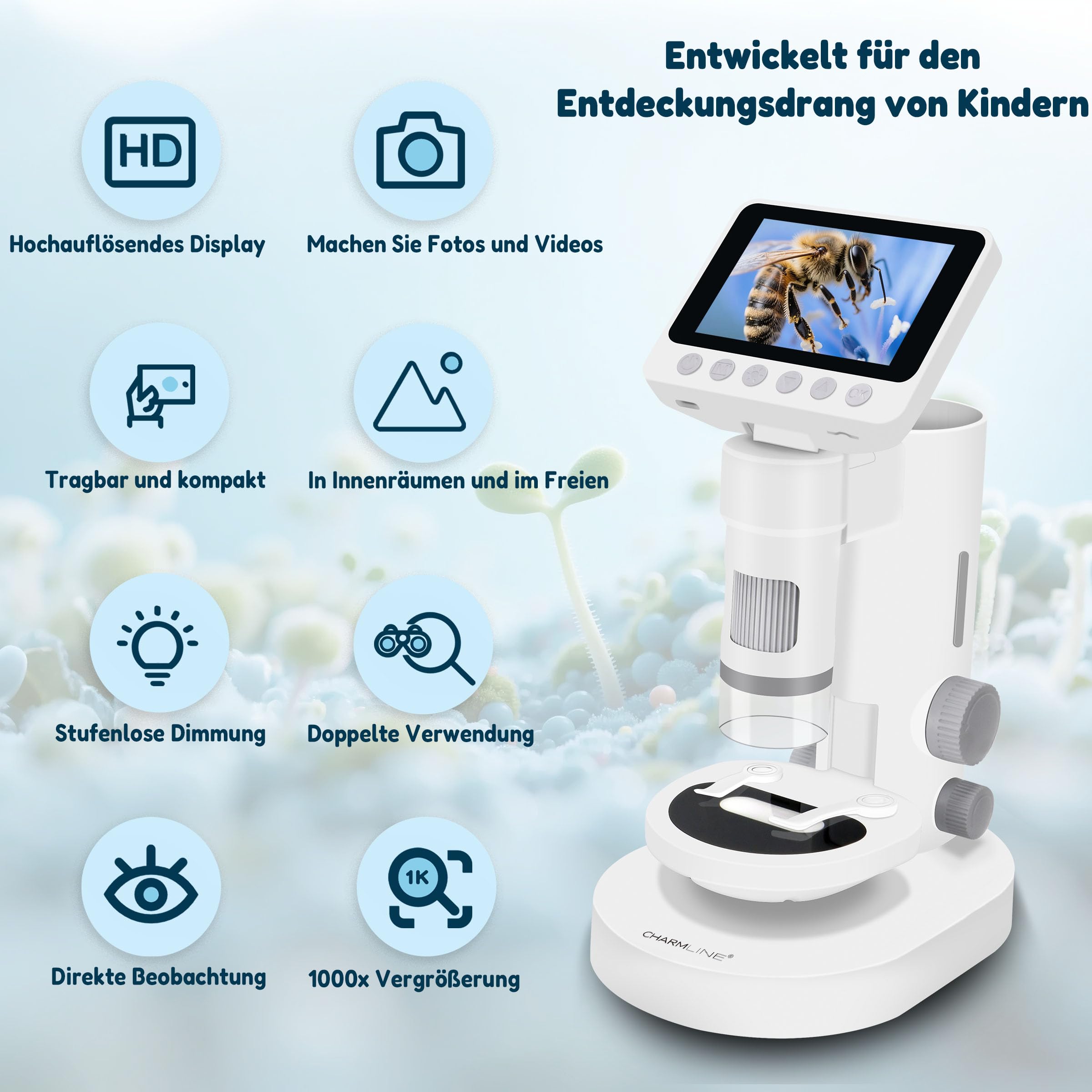 Charmline 3-in-1 Digital Kinder Mikroskop, Geschenk für Kinder ab 6 Jahren, als Handheld oder stationär nutzbar, Indoor & Outdoor Naturbeobachtung, 1000X, inkl. 32GB SD-Karte