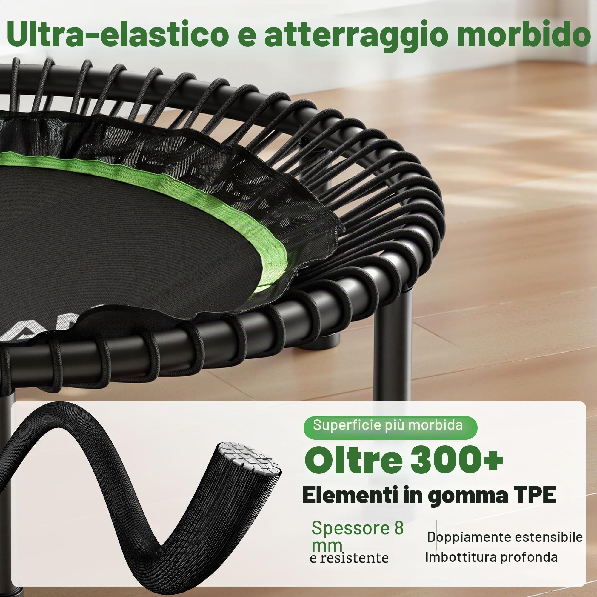 Trampolino elastico BCAN 102/122 cm per adulti, capacità di carico 204/250 kg, elastici, maniglia regolabile, stabile, silenzioso, per interni/esterni, allenamento completo del corpo, relax a casa
