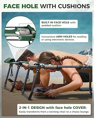 Miniatura 4 de KingCamp Paquete de 2 sillas de bronceado con agujero facial, sillas de descanso plegables para exteriores, portátiles, cómodas, ajustables, de 5