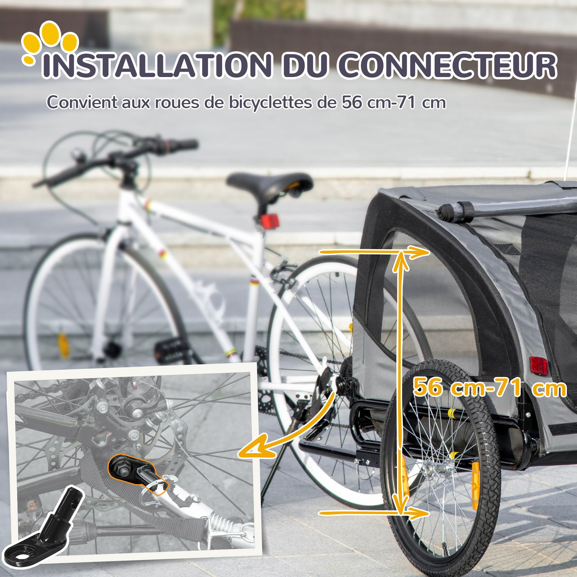 PawHut Remorque vélo Chien avec pneus 20 Pouces - Chariot pour Chien Moyen avec Structure en Acier et Mailles renforcées - Transport Animaux pour VTT et Balade extérieur