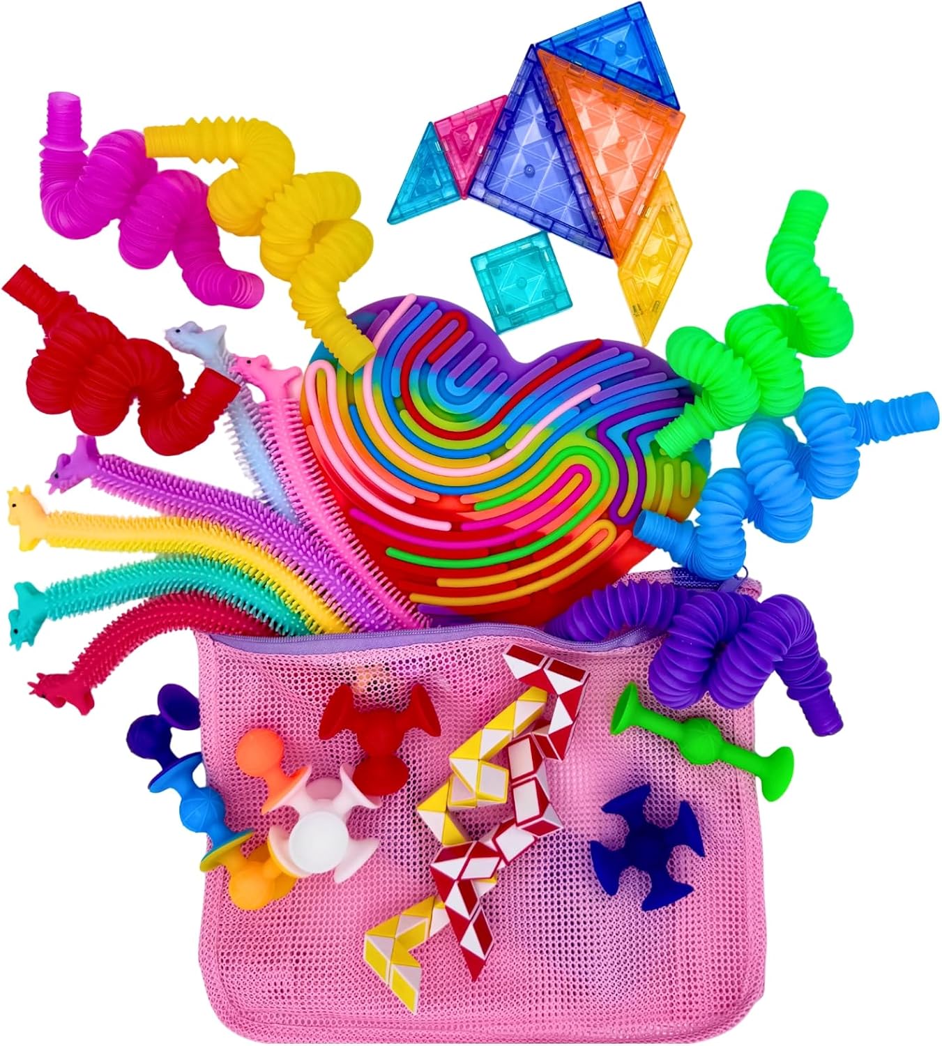 Travel Fidget Toy Set for Kids 31Pcs Sensory Kit for Stress Relief Creativity Mess Free Screen Free Play Includes Pink Carry Bag Perfect for Stocking Stuffers Airplanes Road Trips Birthday Gift (Pink)