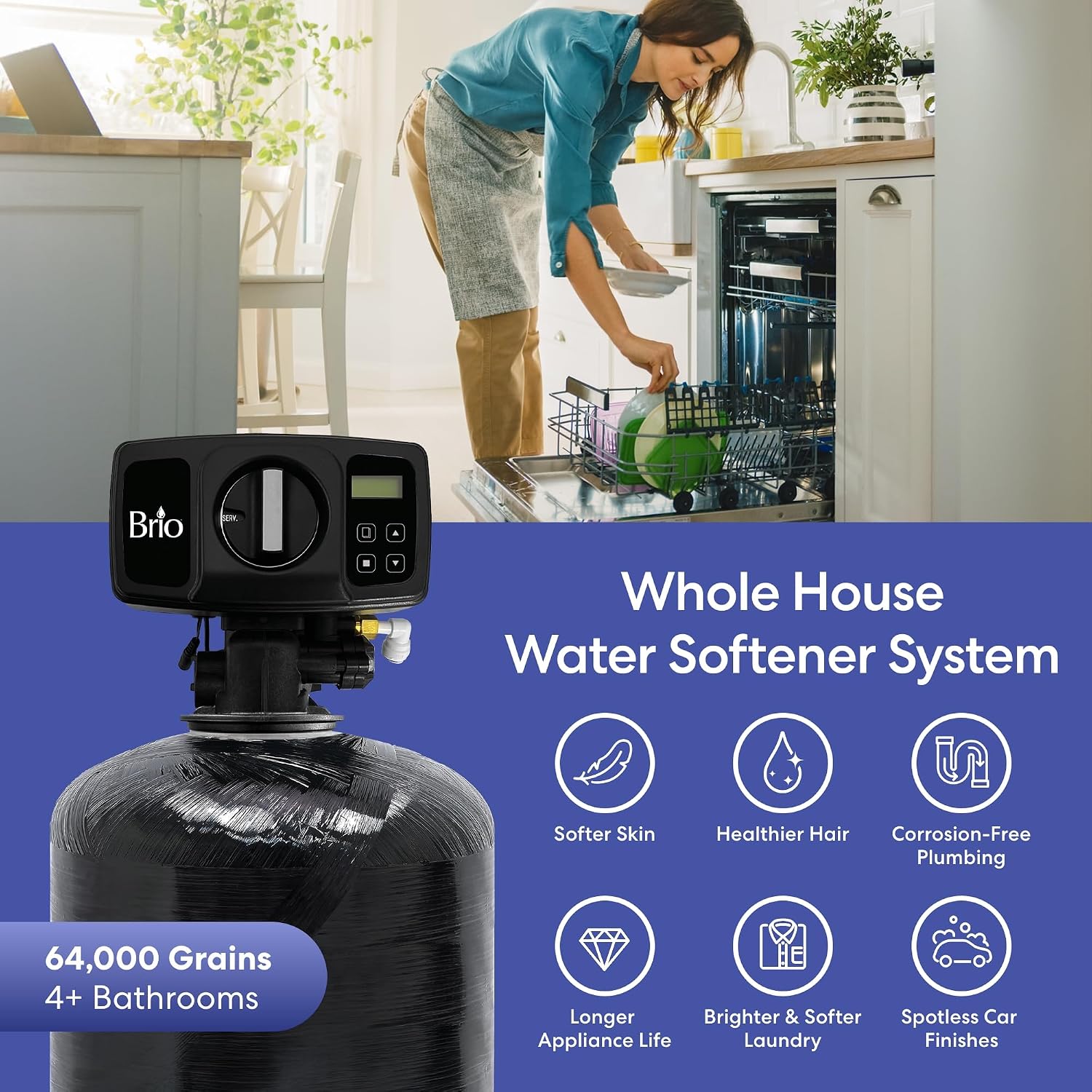 Brio WSFS9534 Whole House Water Softener System, 4+ Bathrooms, 64,000 Grains, 10 GPM, 12" x 52" Resin Tank, High-Efficiency Valve Head, Fully Compatible w/Existing Water Filtration System