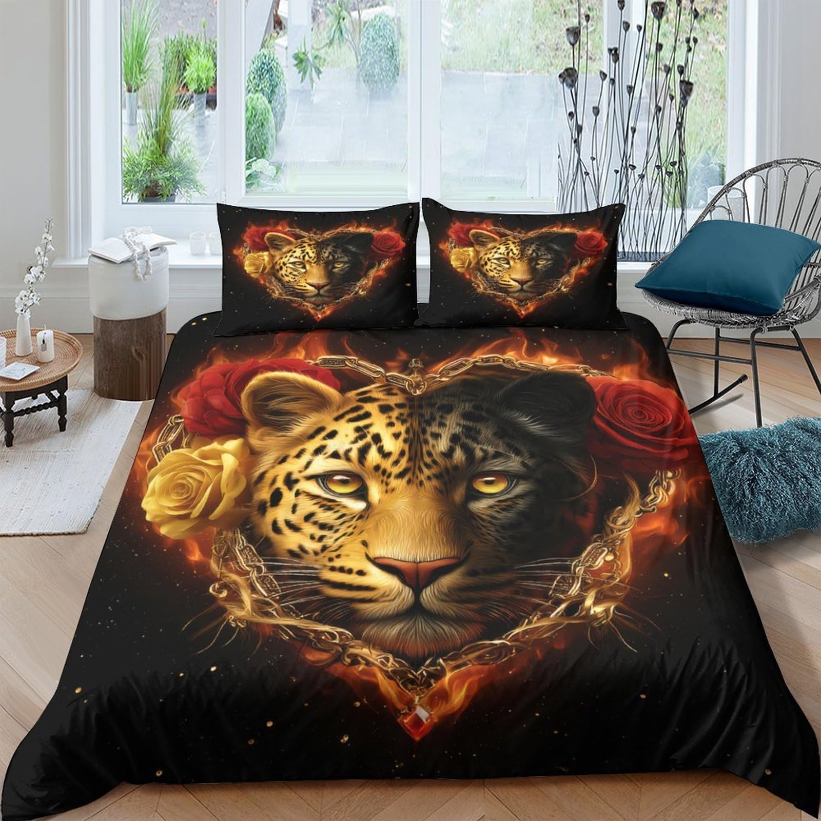 Ctjqhvkz Style-1 3D Printed Wild Leopard Heart Fitted Sheet Microfiber Black Orange Bed Cover For Bedroom Guest Room Mattress Protection Single（135X200cm）