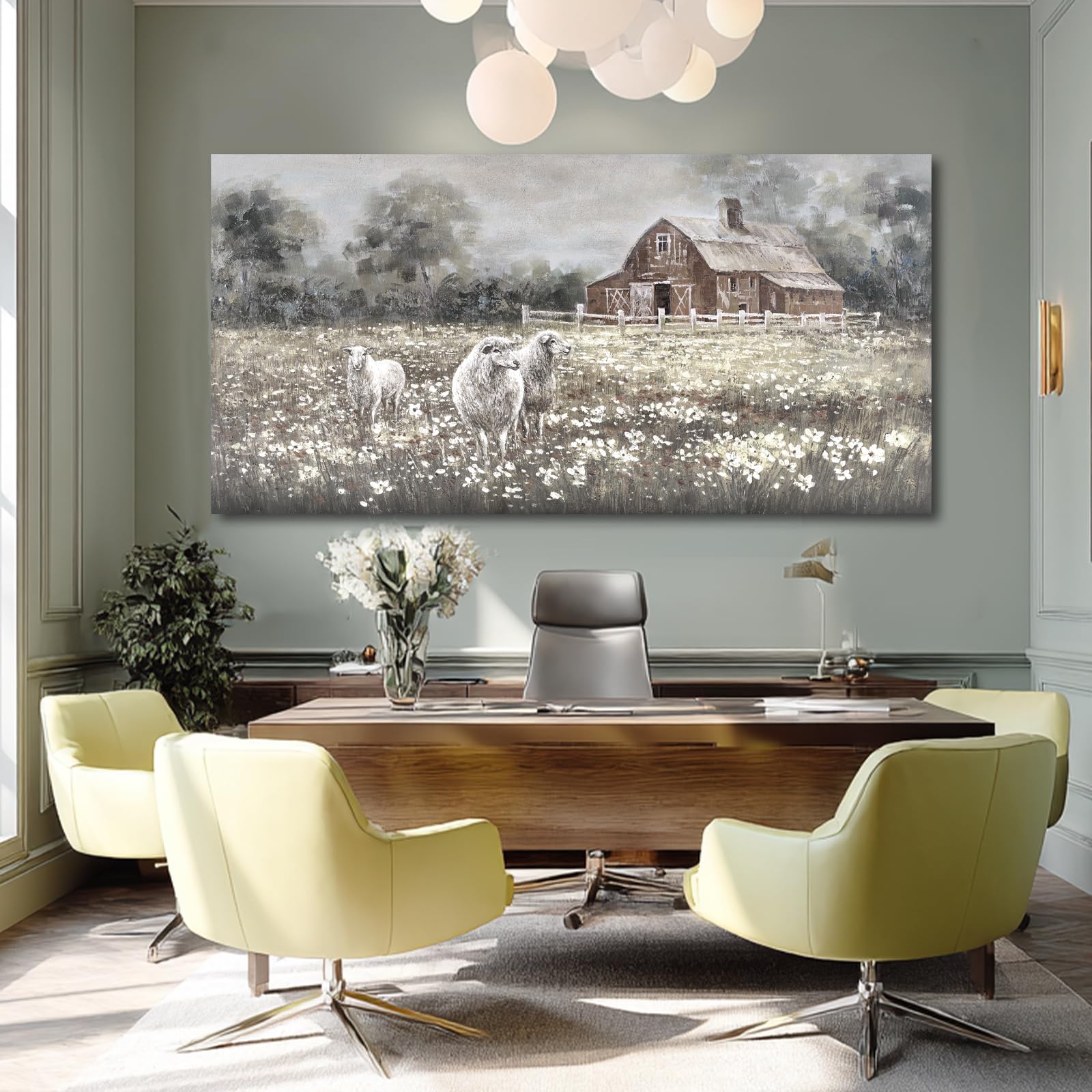 ZENPEE Sheep &amp; Wildflower Farmhouse Wall Decor, Vintage Country Animal Landscape Canvas Print for Living Room, Bedroom &amp; Dining, 29 x 58 Inches, Ready to Hang