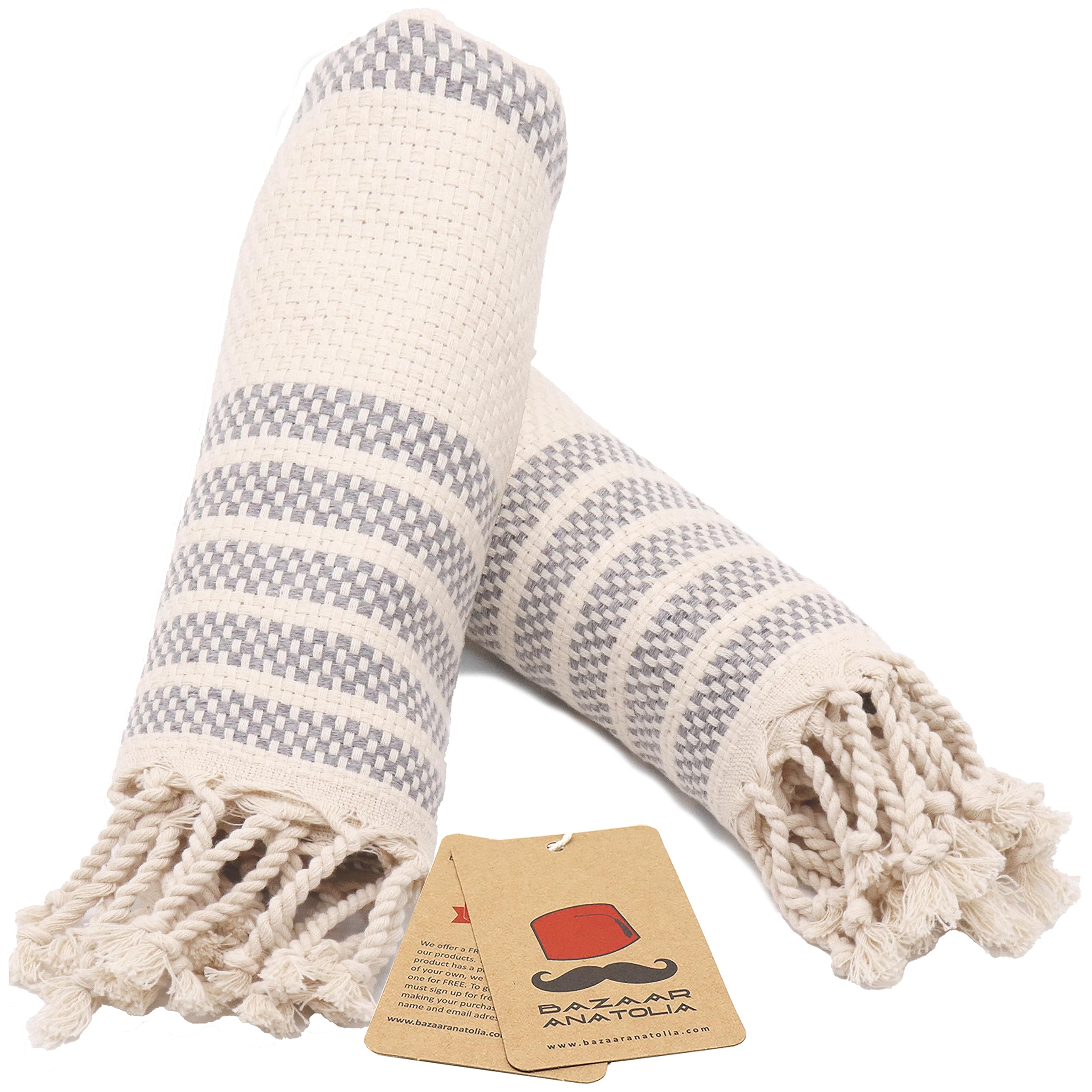 Bazaar Anatolia Turkish Hand Towels Set of 2 Bathroom Towels 33x19 inches 100% Cotton Bath Kitchen Towels with Hanging Loop Boho Farmhouse Decor Gray - Mat Grey