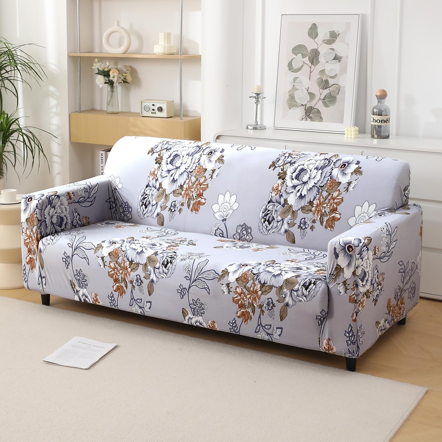 HOKIPO 4 Seater Sofa Cover - Grey Floral -17 HOKIPO 4 Seater Sofa Cover - Grey Floral -17