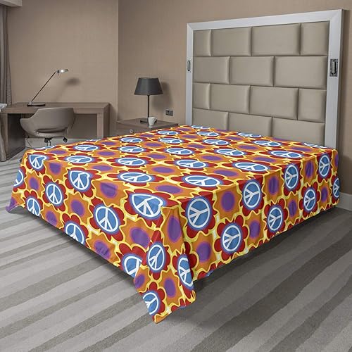 Ambesonne Hippie Flat Sheet, Psychedelic of Pacifism and Peach Flowers Cheerful Colors Joyful People Peace, Soft and Comfortable Top Sheet