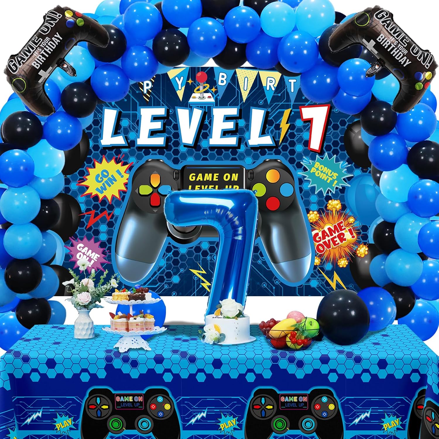 Vlipoeasn 90PCS 7th Birthday Video Game Party Decorations Set for Boys - Blue 7th Video Game Backdrop, Balloons, Tablecloth, Gamer and 7 Foil Balloons for 7th Birthday Party Supplies