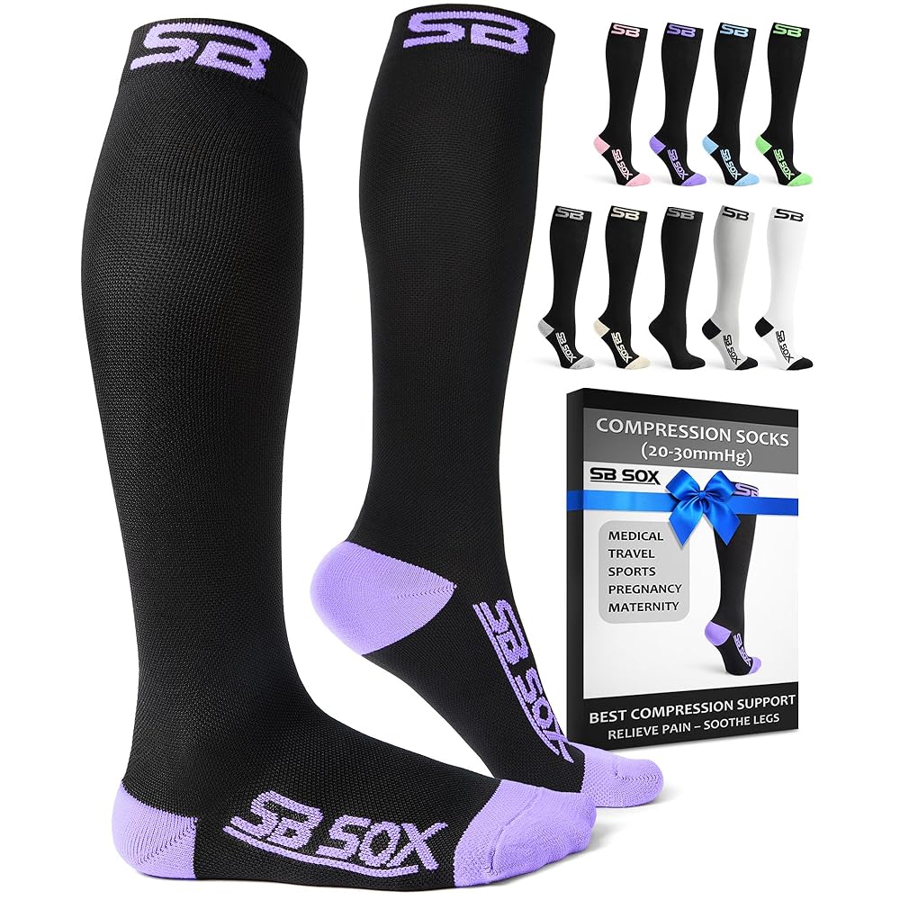 SB SOX Compression Socks for Men & Women (20-30 mmHg) - Best Support Stockings for Travel, Medical, and Sports - Perfect for Everyday Wear (X-Large, Black/Purple)
