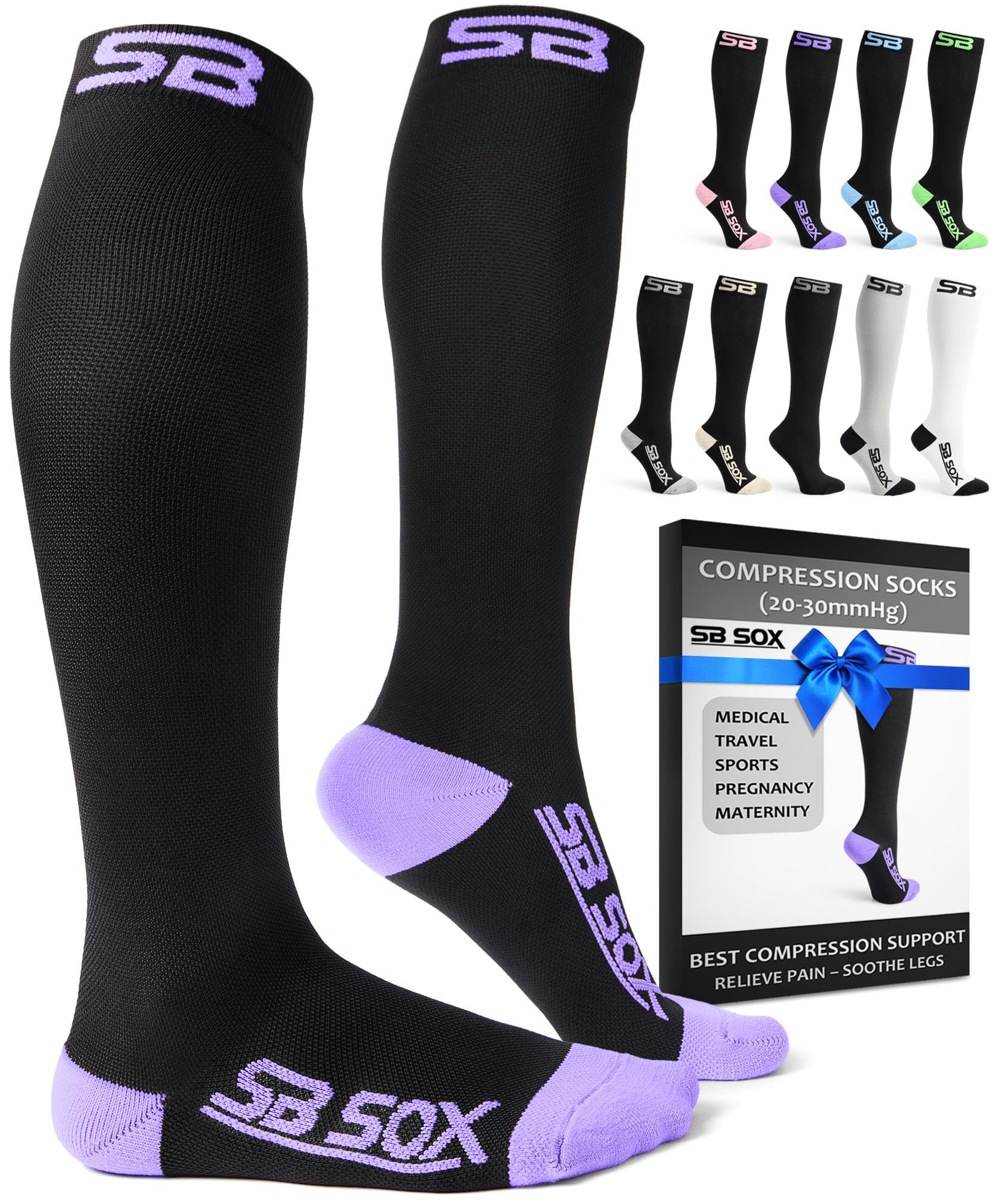 SB SOX Compression Socks (20-30mmHg) for Men & Women – Best Compression Socks for All Day Wear, Better Blood Flow, Swelling! (Large, Black/Purple)