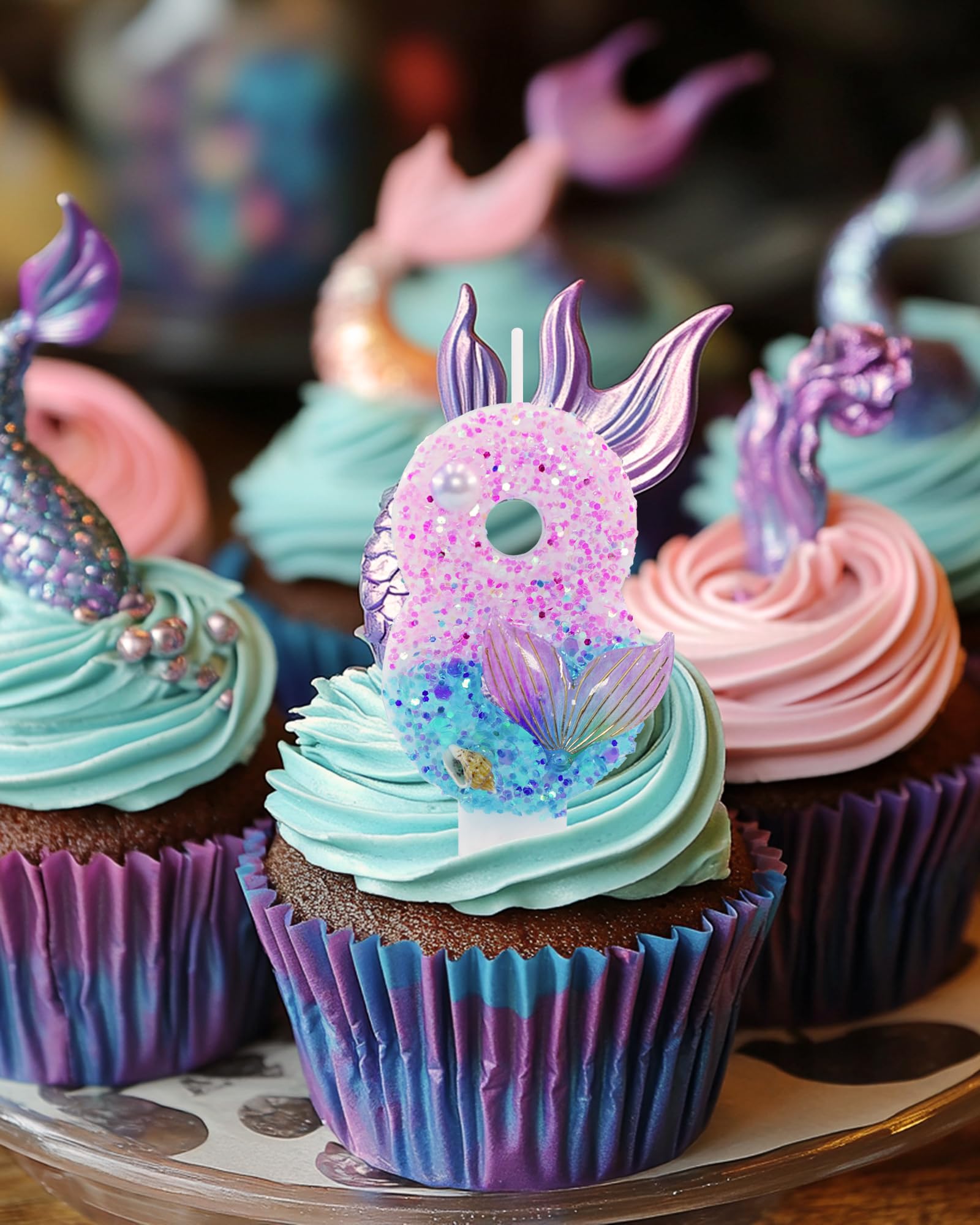 Velas de cumpleaños con temática de sirena, suministros de fiesta de cumpleaños con purpurina número 8, decoración de fiesta de aniversario, decoración de pastel de 2.8 pulgadas (temática de sirena