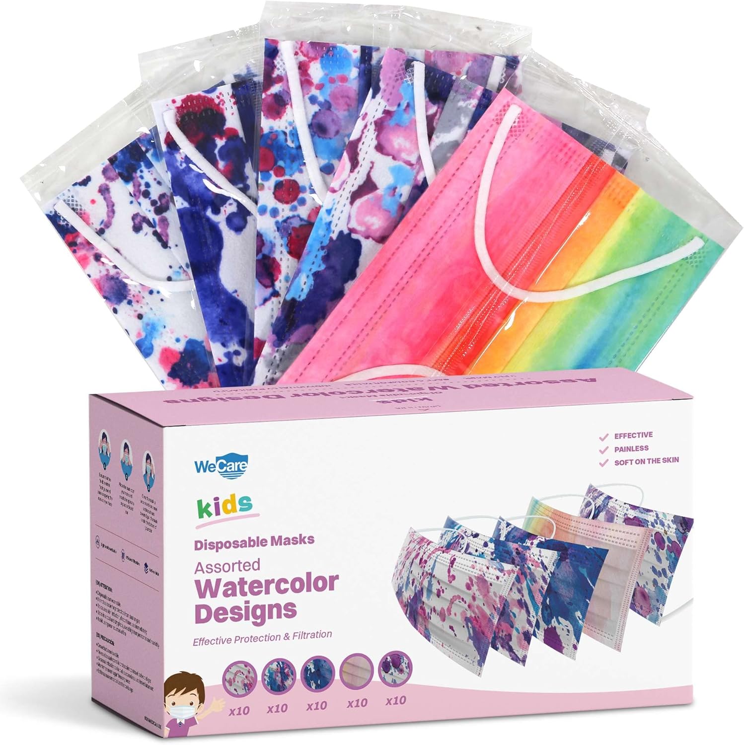 WECARE Disposable Face Masks For Kids, 50 Camo Face Masks, Individually Wrapped Rainbow