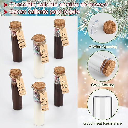 Miniatura 4 de Juego de 24 tubos de ensayo de chocolate caliente de plástico de 2 onzas con etiqueta de agradecimiento tapones de corcho y cuerda, cacao para
