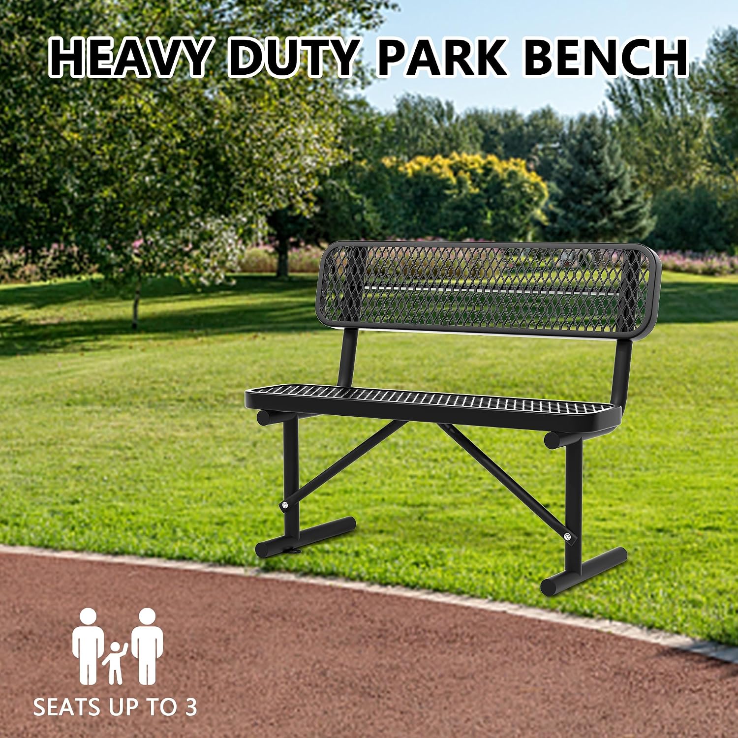 48" Metal Park Benches for Outside - Black Outdoor Benches Heavy Duty Garden Weatherproof Bench with Backrest, Buddy Bench for Schools,Commercial Benches for Shopping Mall, Store, Yard, Patio