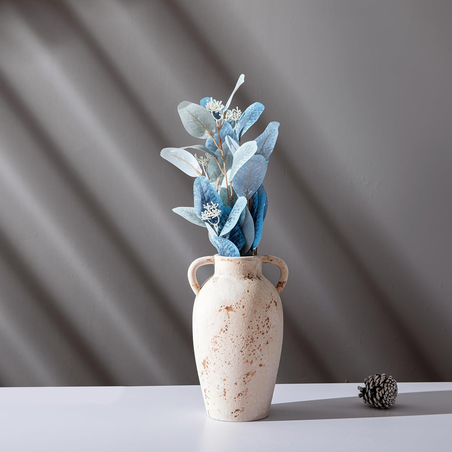 Terracotta Rustic Ceramic Vase with Handles, Washed Terra Cottar Decorative Pottery Flower Vase for Home Decor, Table, Living Room Decoration, Shelf Decor, Mantel, 9.5 Inch Vase