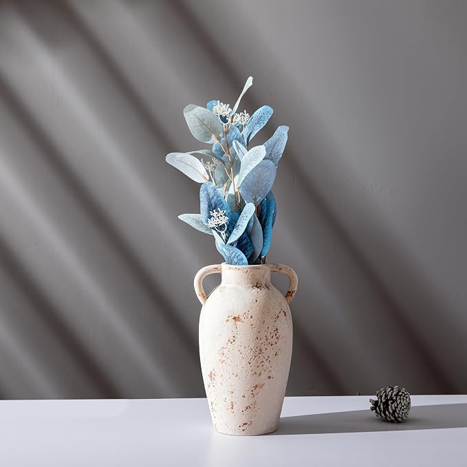 Terracotta Rustic Ceramic Vase with Handles, Washed Terra Cottar Decorative Pottery Flower Vase for Home Decor, Table, Living Room Decoration, Shelf Decor, Mantel, 9.5 Inch Vase
