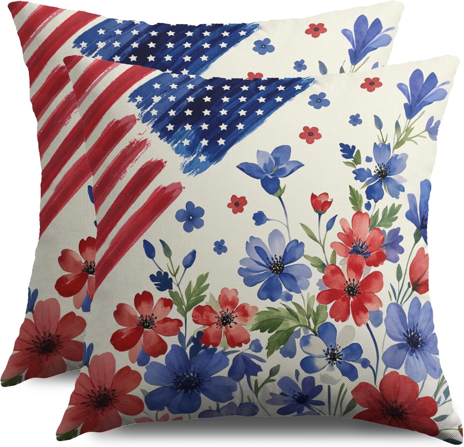 Blue Red Patriotic Floral American Flag Pillow Covers 24X24 Set of 2, 4th of July Flower Decorative Throw Pillow Covers Outdoor Memorial Day Independence Holiday Cushion Cases Couch Sofa Bed Decor