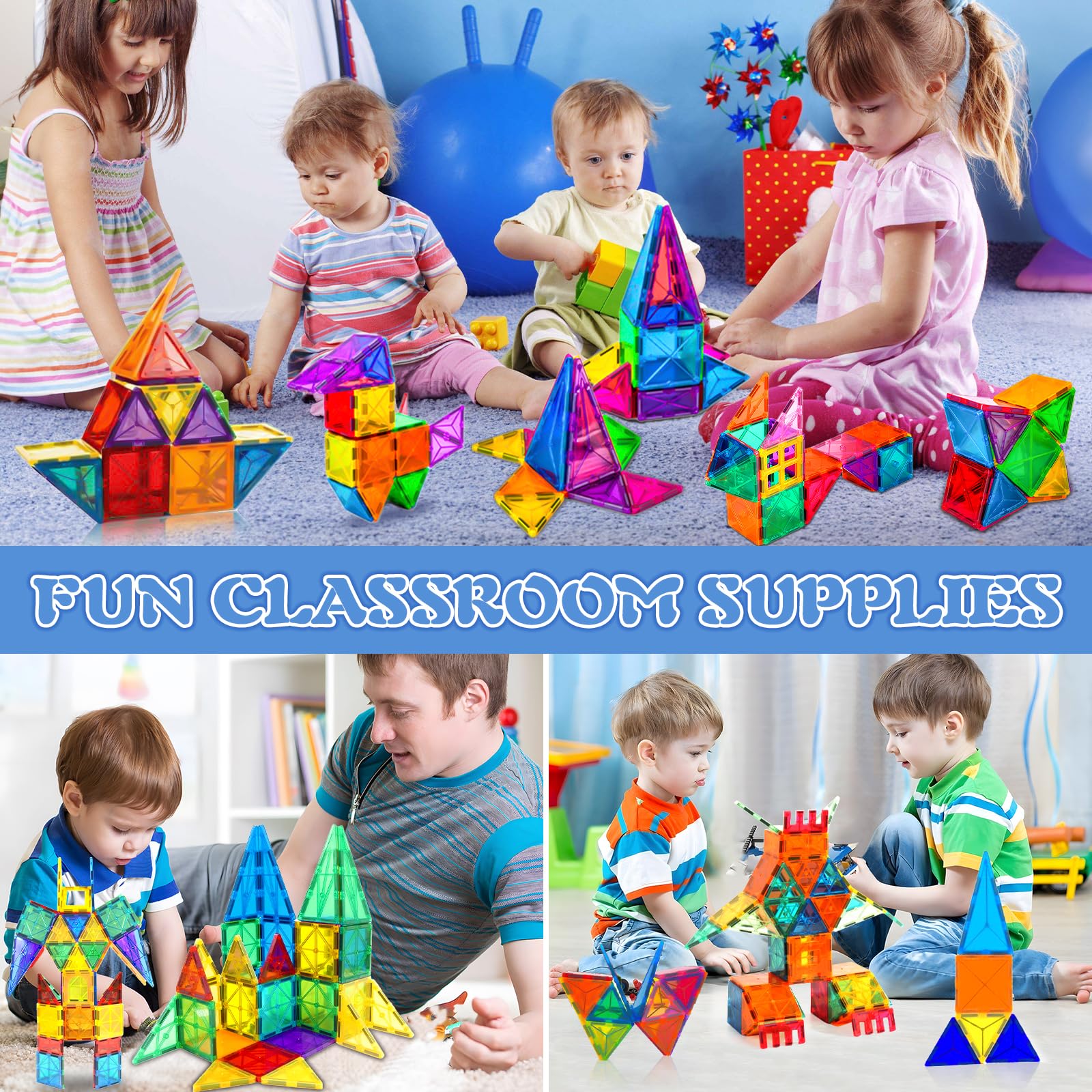 50 PCS Costruzioni Magnetiche per Bambini, Blocchi Magnetici Colorati Quadrati e Triangolari, Forte Adesione Magnetica, Con Sacchetto di Stoccaggio e Manuale, Adatto a Bambini dai 3 Anni