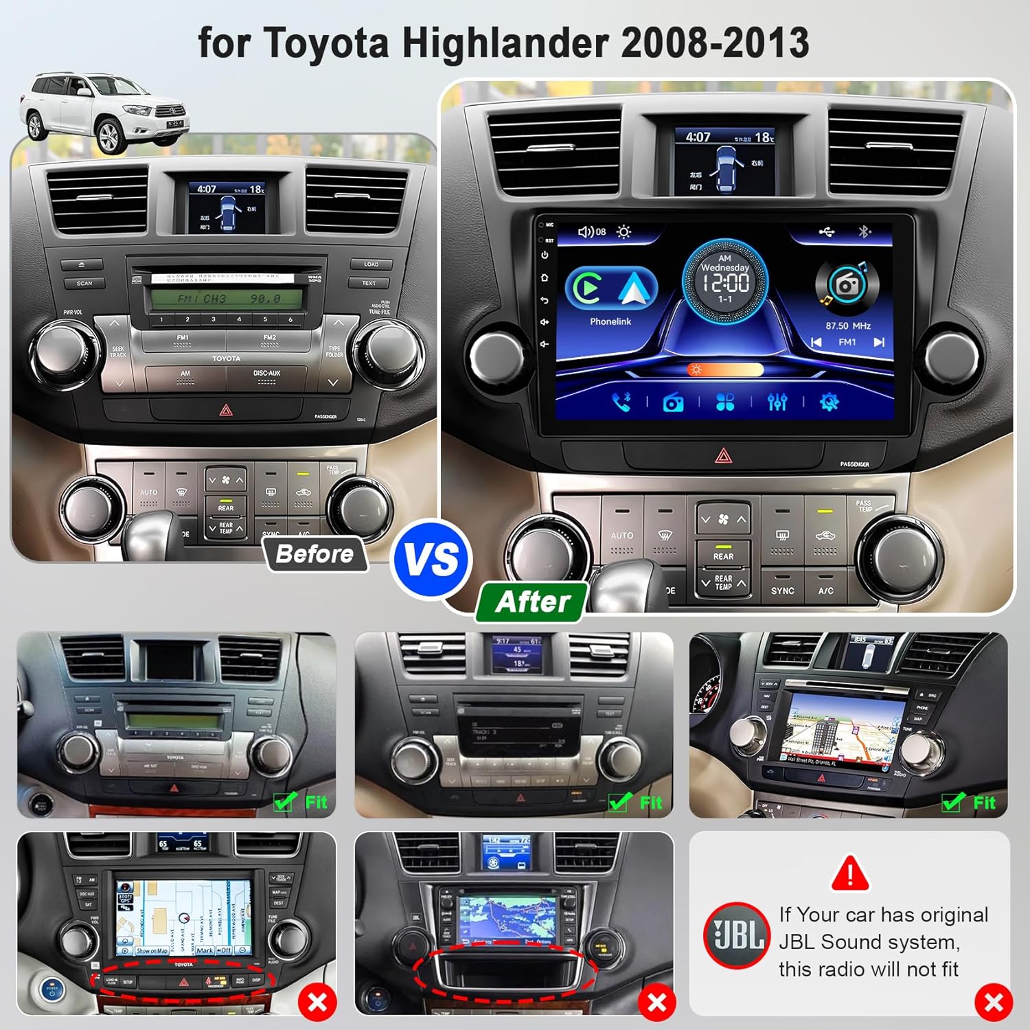 Car Radio Stereo for Toyota Highlander 2008-2013 (Without JBL Sound System), Support Wireless Carplay/Android Auto/Mirrorlink, 10.2 Inch QLED Touchscreen with Bluetooth,FM Radio