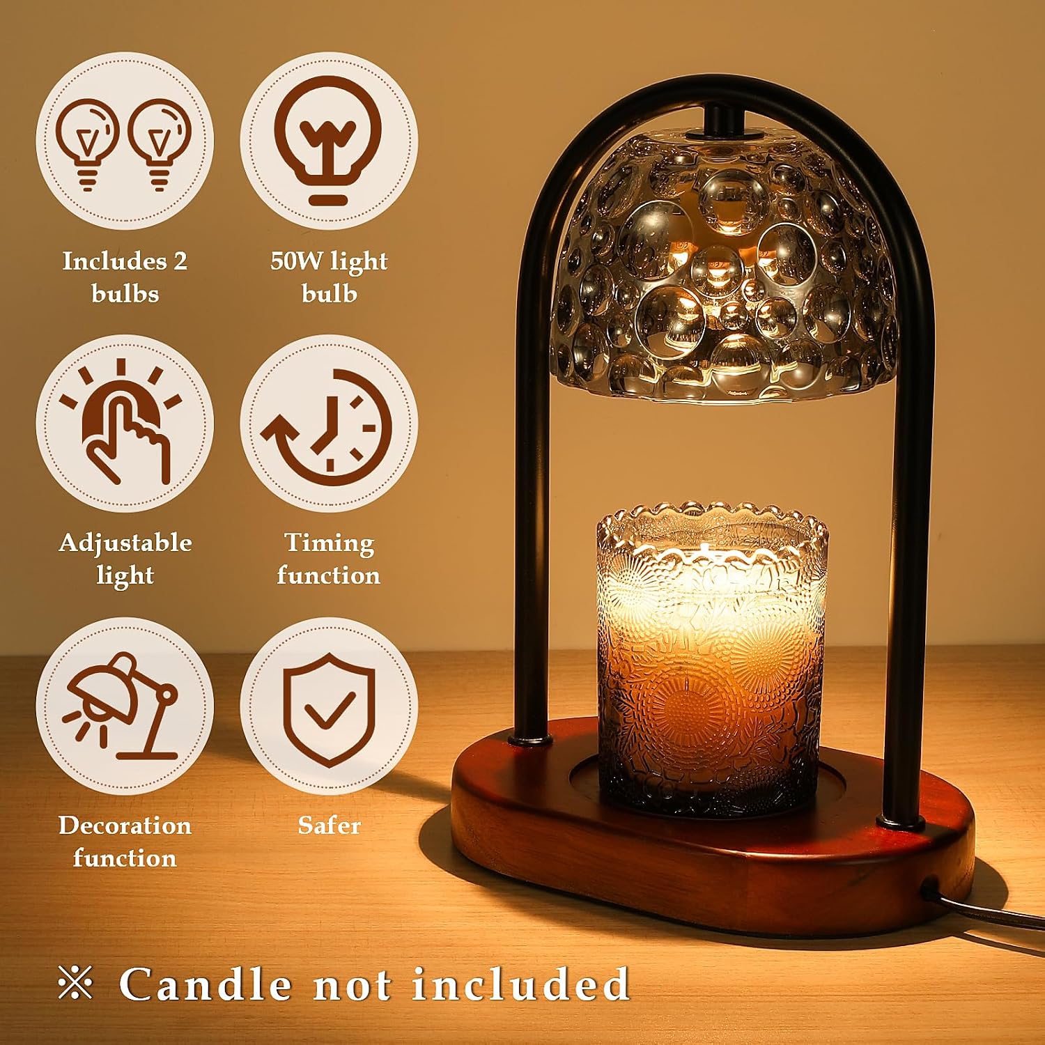 Candle Warmer with Timer, Dimmable Wax Warmer for Scented Wax, Electric Candle Lamp for Jars with 2 Bulbs - Bedroom Decor & Housewarming Gifts - Black