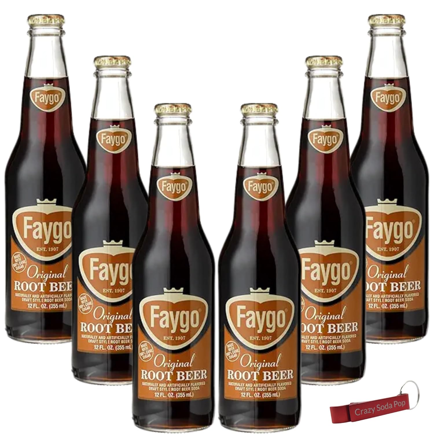Faygo Root Beer | Delicious Root Beer with Real Cane Sugar | 12 oz Glass Bottles with Crazy Soda Pop Bottle Opener (6 Pack)