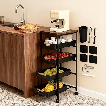 Fruit Vegetable Cart for Kitchen, 5-Tier Storage Cart on Wheels with Wood Top, Pull Out Drawers, Rolling Storage Cart for Bedroom, Bathroom, Includes Hanging Box, Hooks and Labels, Black