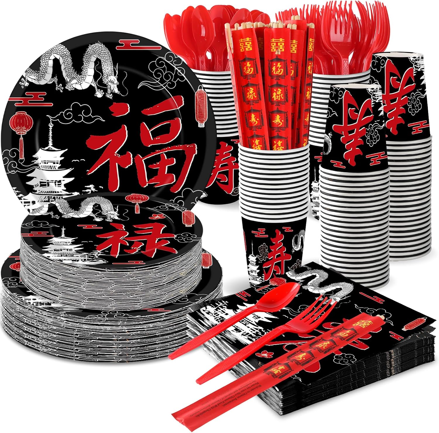 party greeting 175 Pcs Hibachi Party Decorations Japanese Party Supplies Includes hibachi Paper Plates Napkins Forks Spoons Chopstick for Chinese Japanese Themed Birthday Decorations Serves 25(Red)