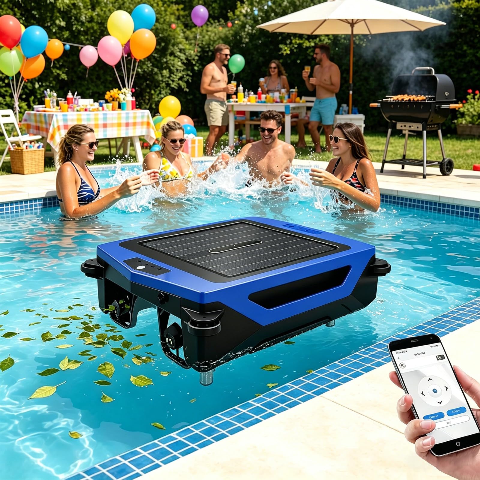 Kindevieft Solar Robotic Pool Skimmer, Dual Charging & App Control, Intelligent Obstacle Detection, Automatic Cleaning, 200m² Blue