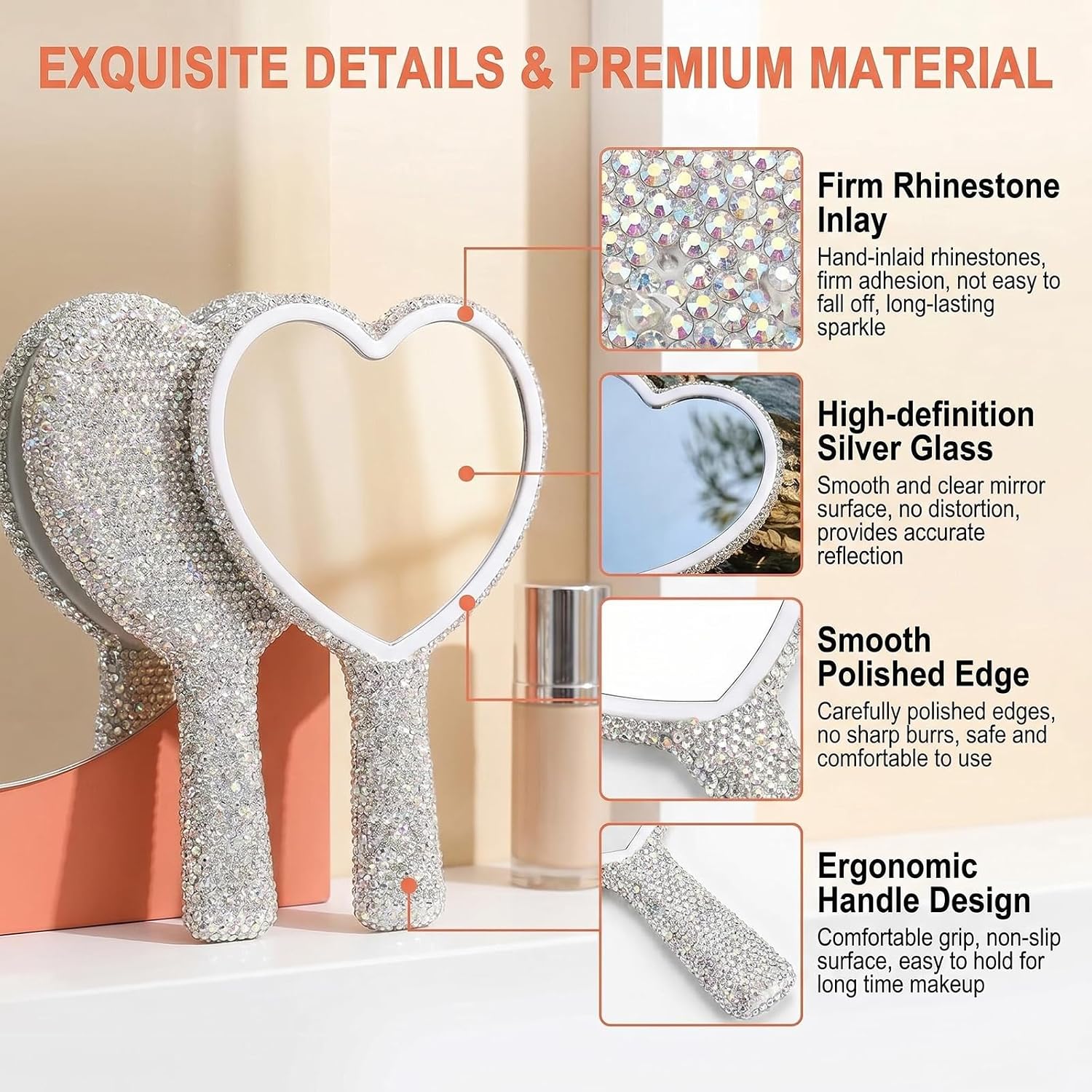 Heart Shaped Rhinestone Handheld Mirror with Handle, 6.3 x 3.54 Inch Bling Portable Cosmetic Lash Mirror for Women Daily Makeup Travel Wedding Birthday Valentine's Day