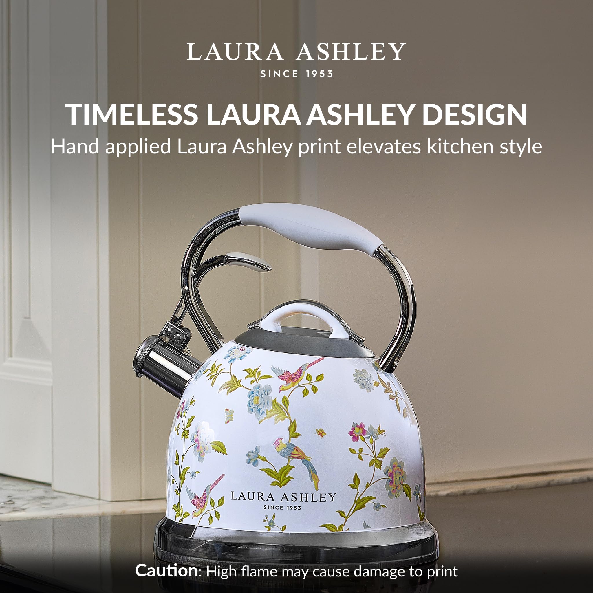 Laura Ashley Elveden White 3 Litern Wasserkessel Induktion von VQ – Wasserkessel Camping mit Pfeifton für Gasherd, Induktions kochfeld oder andere Kochfelder mit Druckknopf Mechanismus