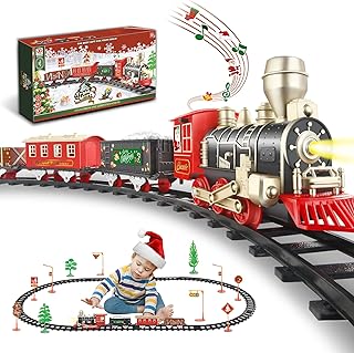 Christmas train set with lighted holiday decorations under tree creating magical atmosphere for kids