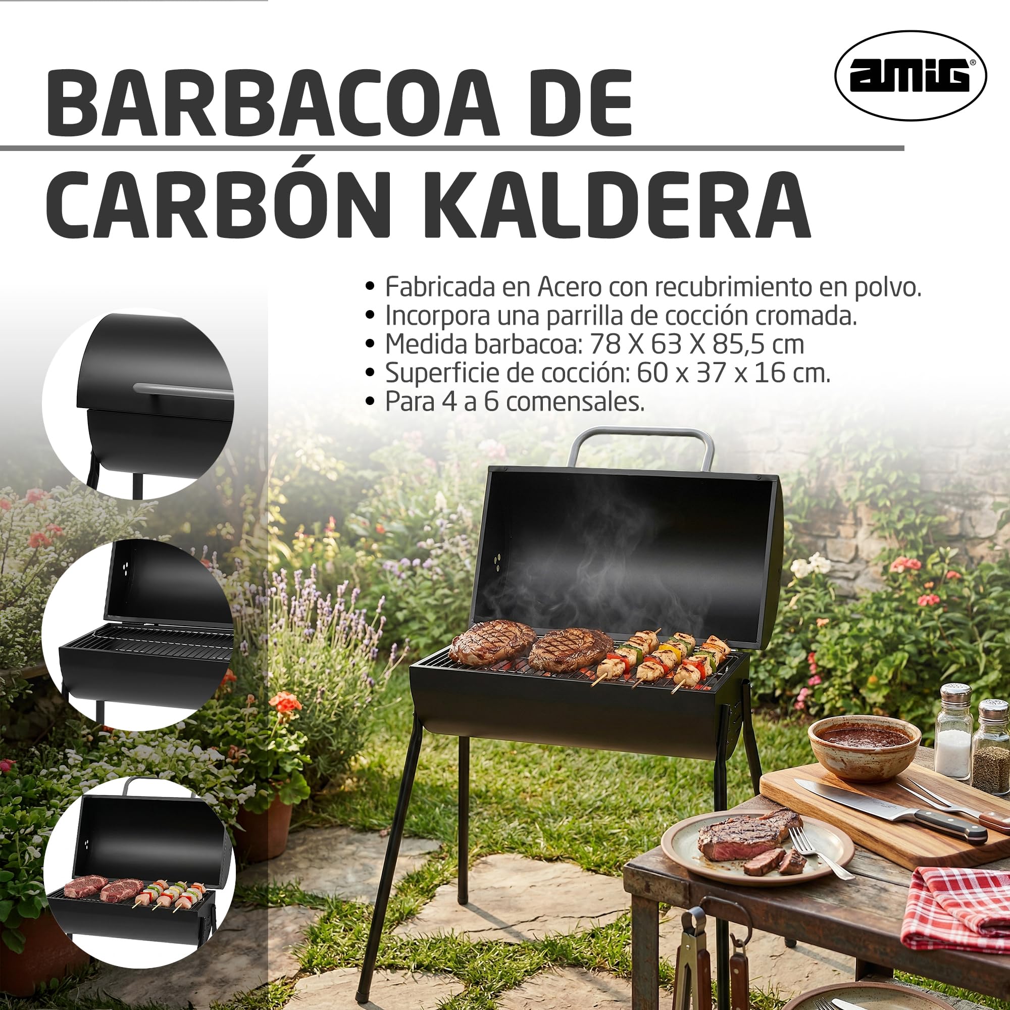 Amig - Barbacoa de carbón - 83 x 58 x 84 cm - Negro - Fabricado en Acero - para jardín y patio con uso familiar y reuniones con montaje sencillo limpieza cómoda y calidad consistente. Mod. KALDERA