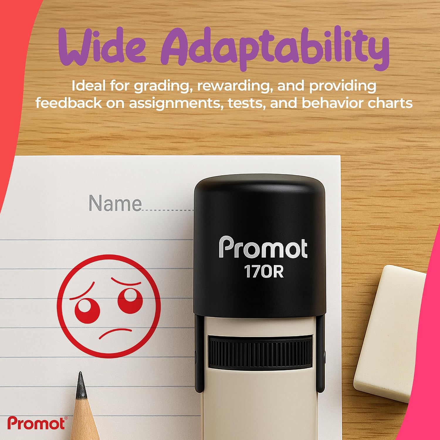 Promot - Teacher Self-Inking Stamp, Round Rubber Stamp (Frown Face 1 Red) image 4