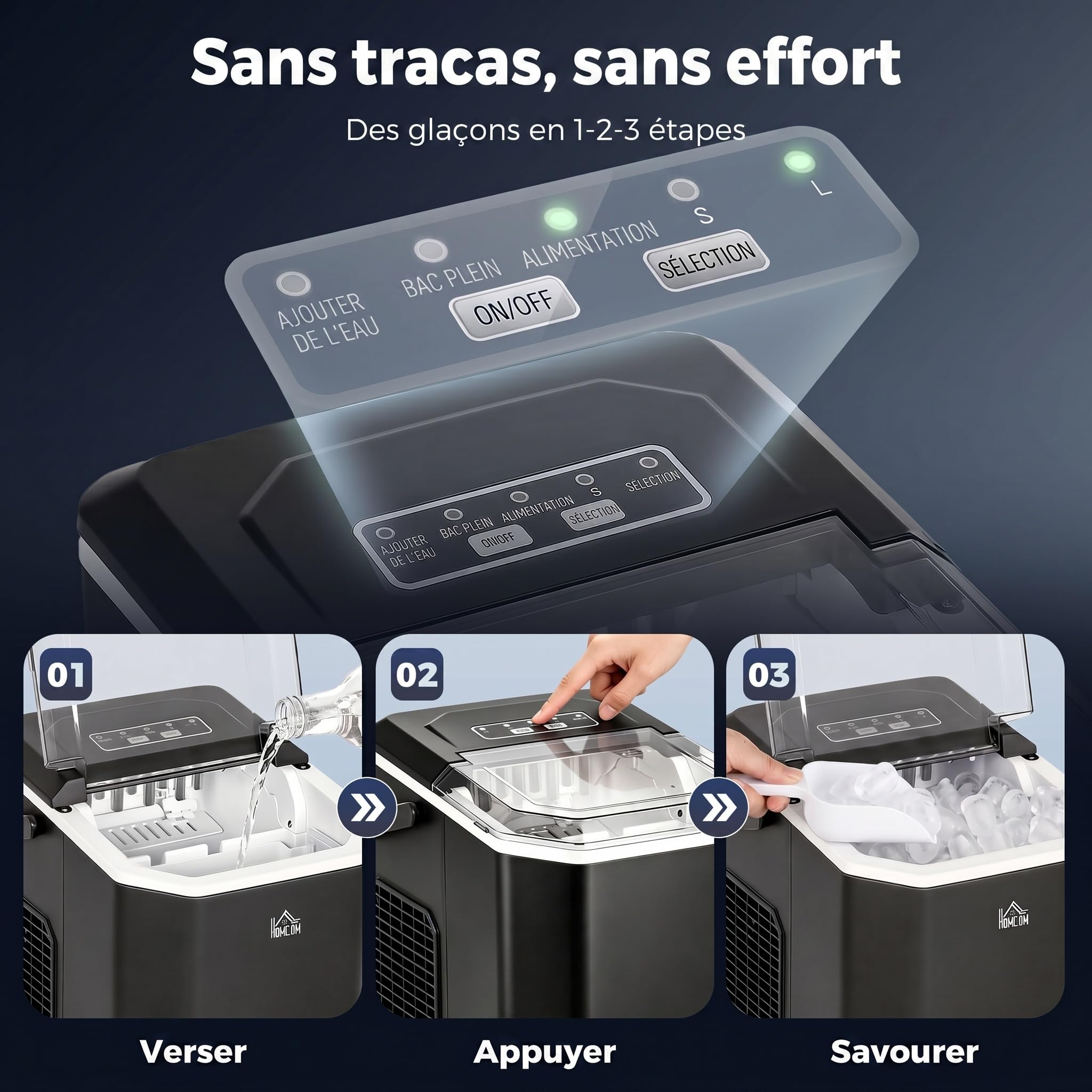 HOMCOM Macchina del Ghiaccio Autopulente 12kg/24h, 9 Cubetti in 6-13 Minuti con Cesto e Paletta, Macchina per il Ghiaccio in PP e Rame, 22.2x29.4x29 cm, Nera