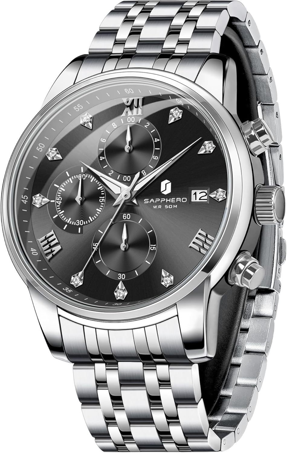 SAPPHERO Watches for Men Easy-to-Read Sliver Stainless Steel Watches Men Luxury Mens Watch Waterproof Chronograph Birthday/Christmas/Fathers Day Gift