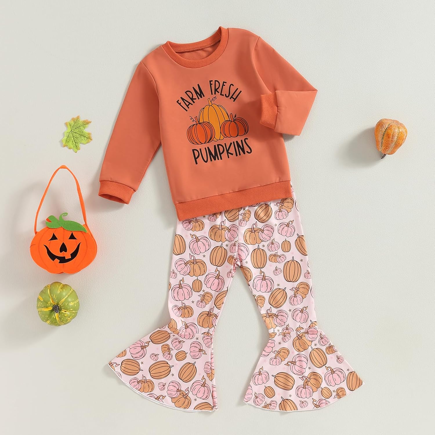 Toddler Girl Halloween Outfits Long Sleeve Letter Print Shirt Pumpkin Flare Pants Sets Little Girl Fall Clothes (Brick Red, 7-8 Years) - Image 2
