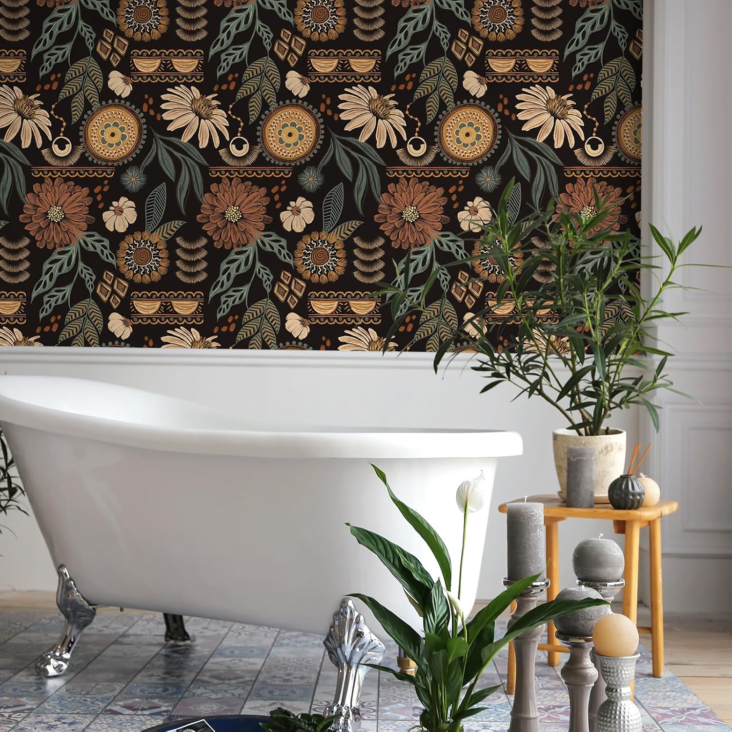 VEELIKE Boho Floral Peel and Stick Wallpaper Vintage Dark Floral Wallpaper for Bedroom Bathroom Accent Wall 17.7''x118'' Self Adhesive Contact Paper Removable Flower Wall Paper Mural for Living Room