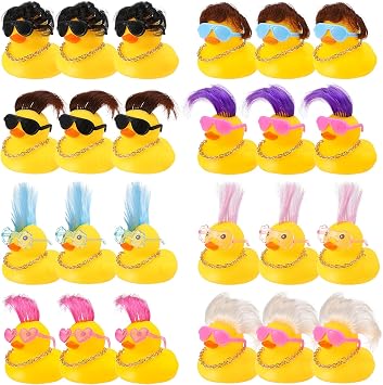 24 Set Mini Rubber Ducks with Wig Necklace and Sunglasses, Rubber Squeaky Ducks Toys Small Duckies Bulk Cute and Funny Toys for Birthday Shower Party Favor