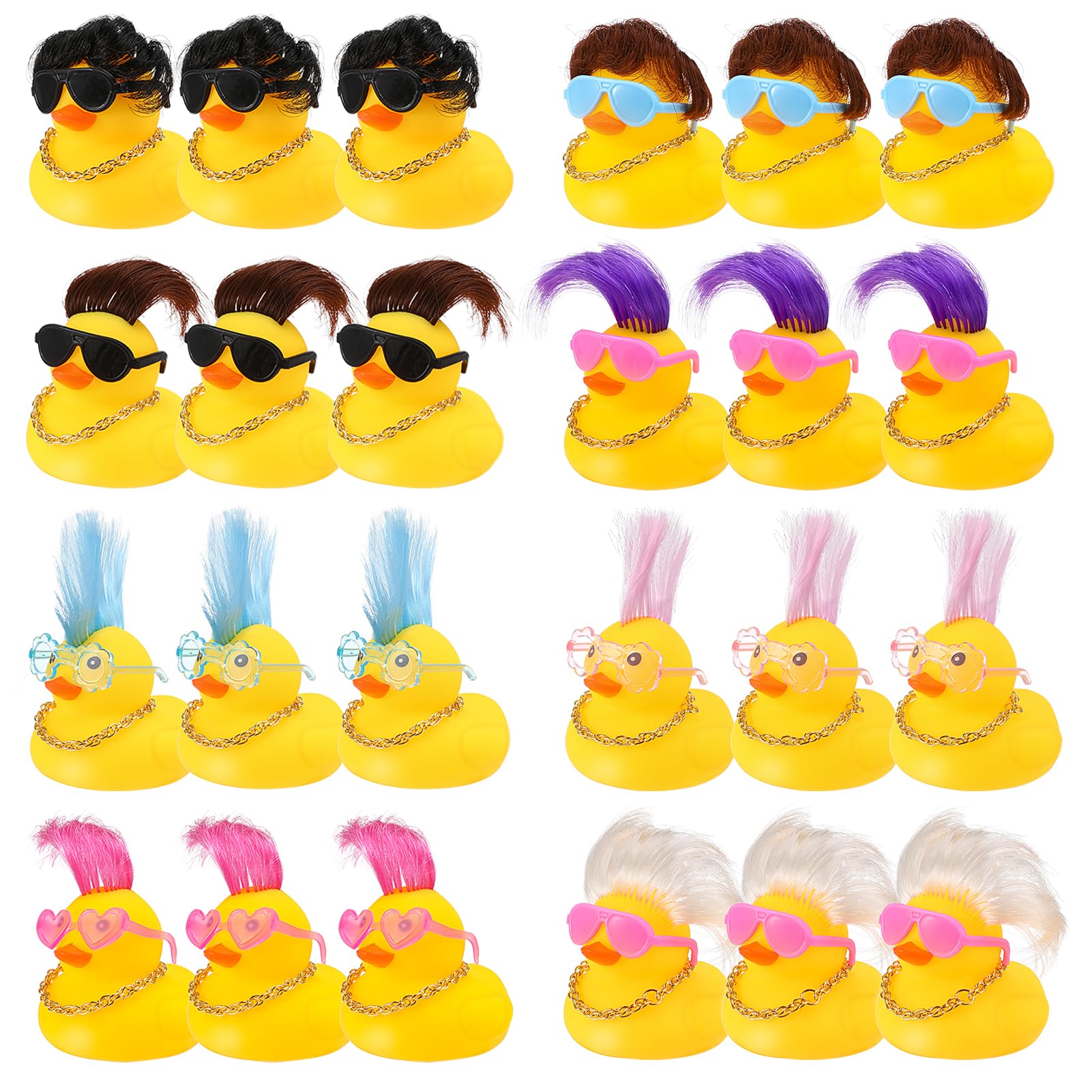 Guiqulai 24 Set Mini Rubber Ducks with Wig Necklace and Sunglasses, Rubber Squeaky Ducks Toys Small Duckies Bulk Cute and Funny Toys for Birthday