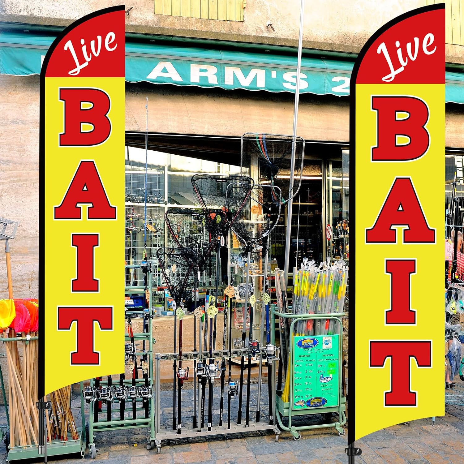 Breling 2 Pcs 2.5 x 12 ft Live Bait Feather Flag Swooper Banner Sign Flags Yellow Fabric Polyester with Black Edge for Tackle Shops Bait Stands Fishing Advertising Promotions(Not Included Pole)
