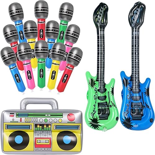 12 micrófonos inflables, 1 caja inflable Boombox, 2 piezas de guitarra inflable para decoraciones de fiesta de los años 80 y 90, suministros de