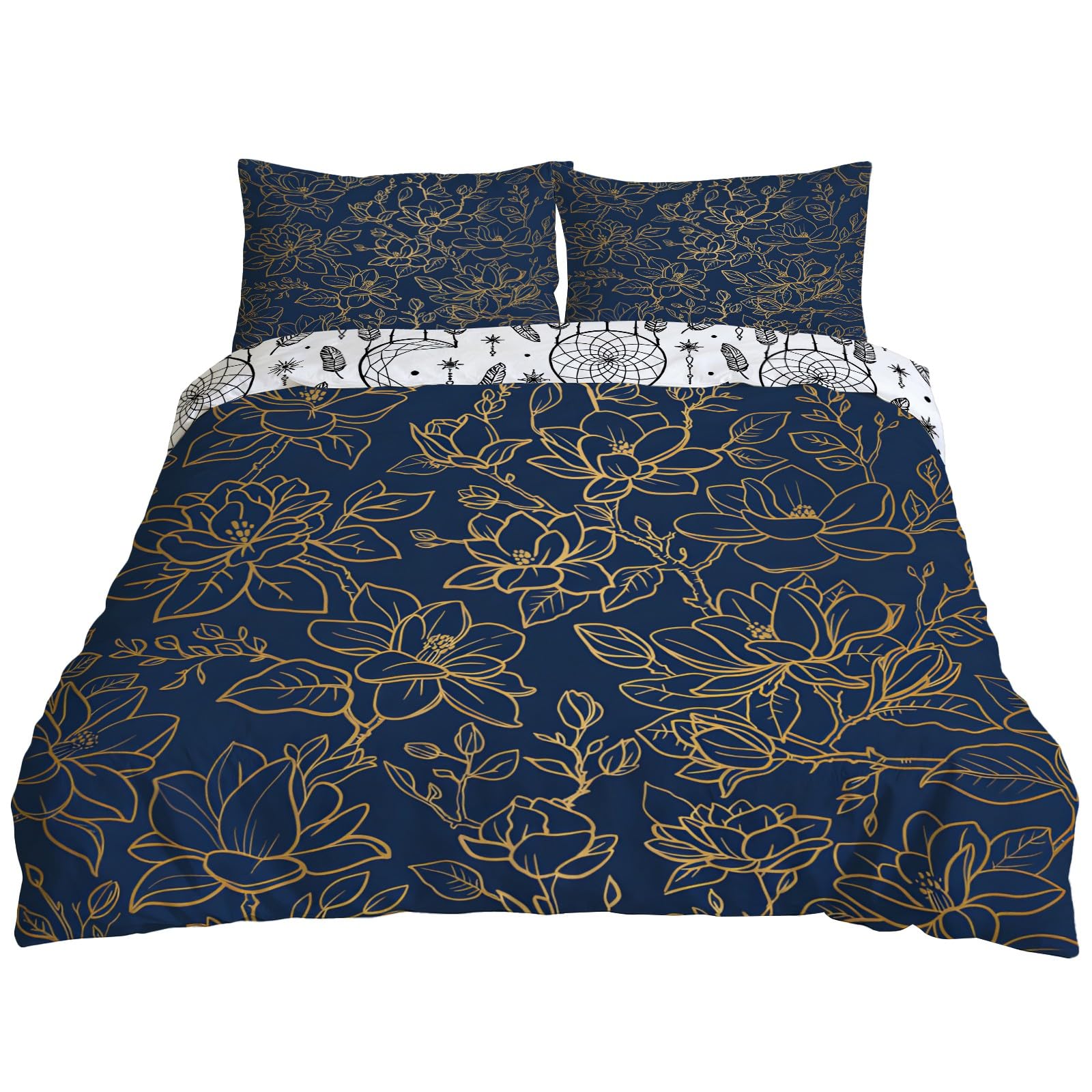 Housse de couette 240x220 cm 2 faces réversibles avec motif attrape-rêves et bleu foncé