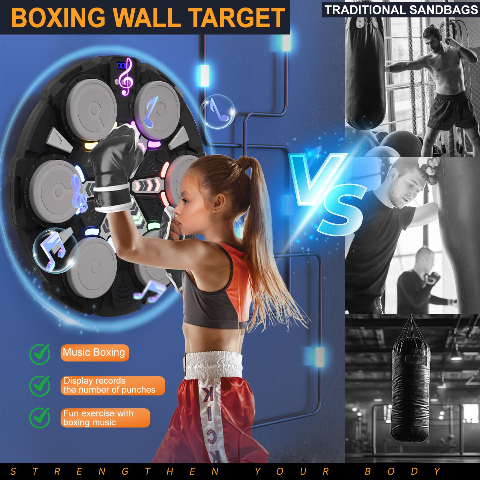 Music Boxing Machine, Macchina da Boxe Musicale, Bluetooth LED per Bambini, Elettronica da Boxe Intelligente, a Parete con Guantoni da Boxe per Adulti e Bambini