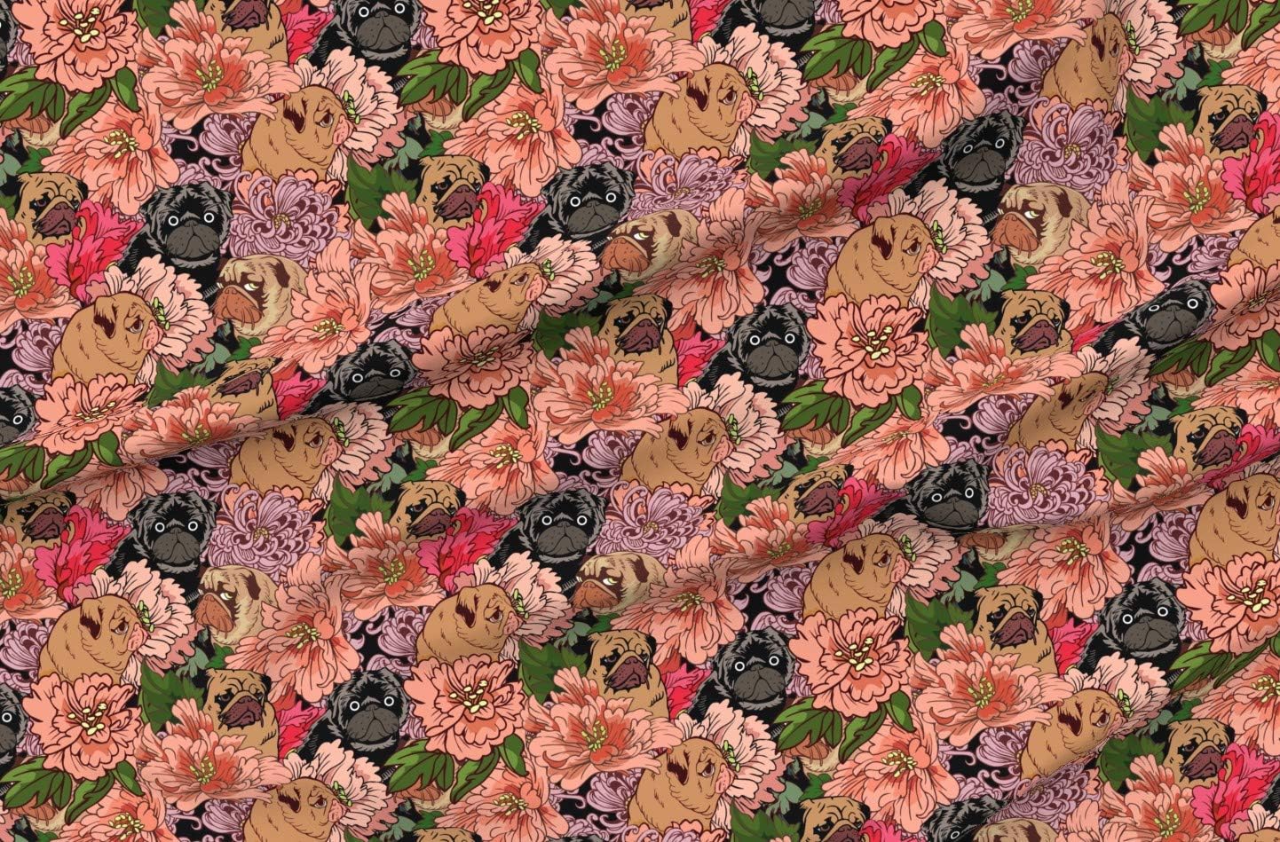 Spoonflower Fabric - Pugs Pug Flowers Dogs Pet Printed on Organic Cotton Sateen Fabric by The Yard - Sewing Quilting Apparel Home Decor