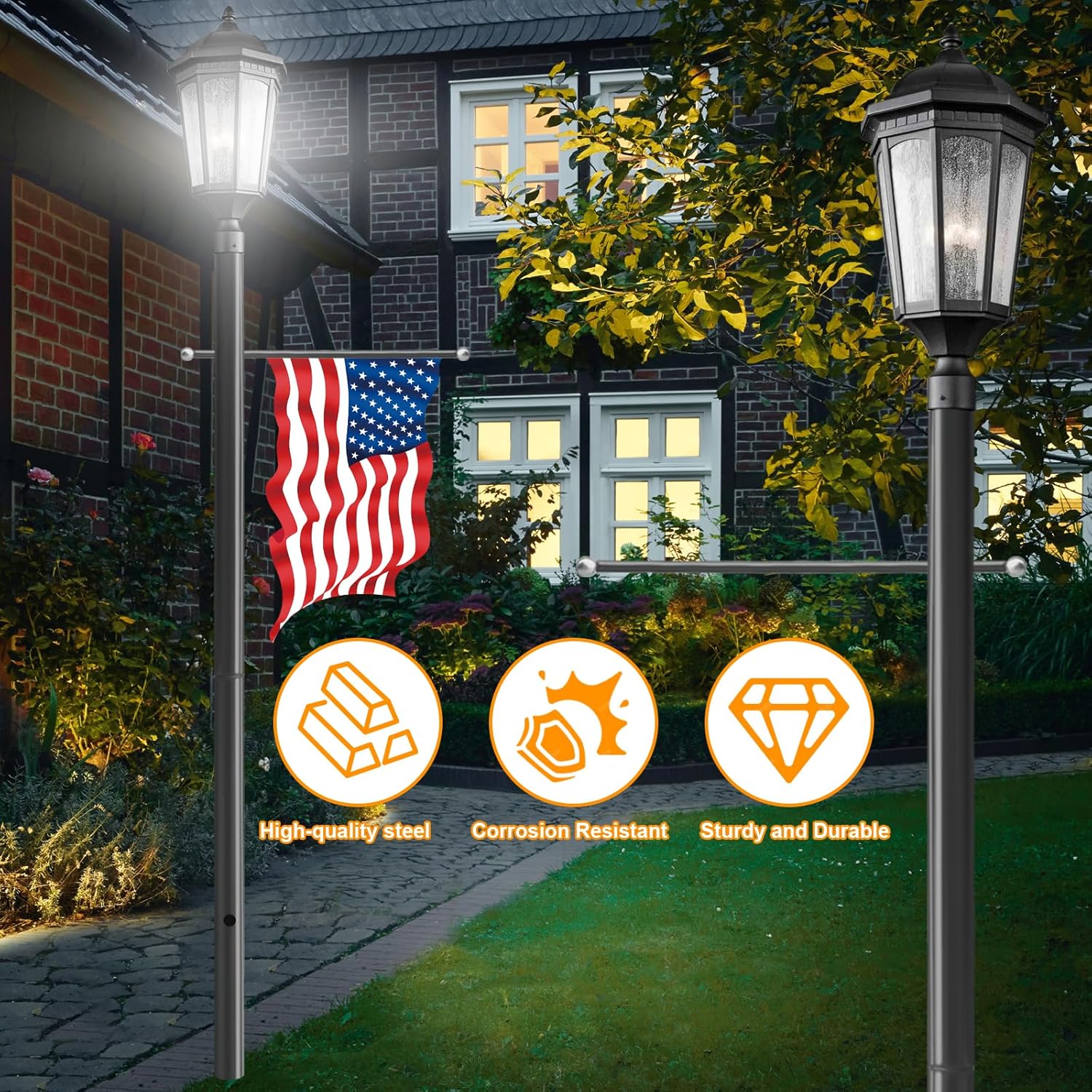 7FT Outdoor Lamp Post with Metal Cross Arm, Direct Burial Installation, 3" Fixture Compatible, Weatherproof for Driveway/Garden Lighting