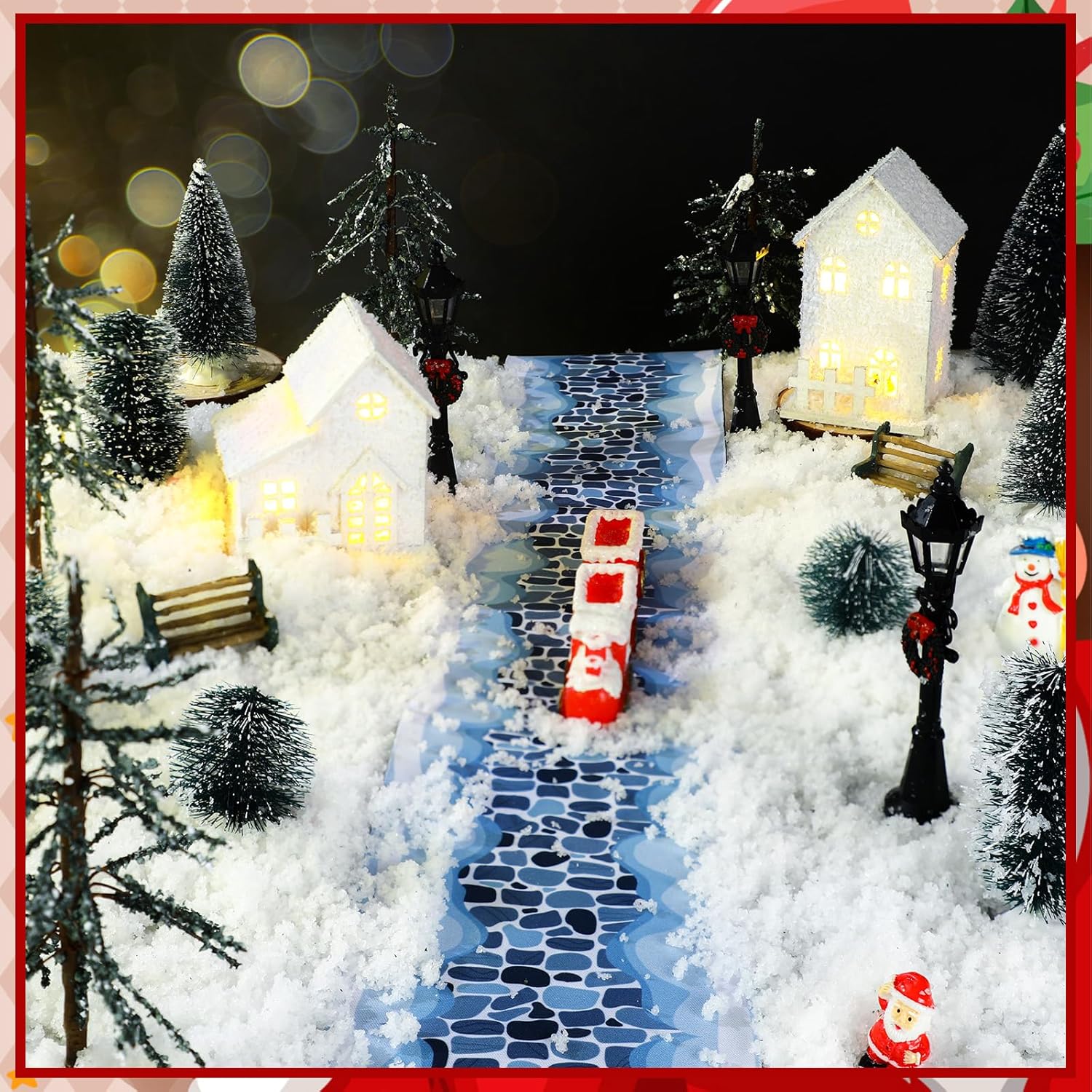 22 Pcs Christmas Village Sets Accessories Miniature Pine Trees Christmas Village Frosted Christmas Tree Figurine Streetlight Lamps Village Street Mat Park Bench Seat for Xmas Winter Decor - Image 5