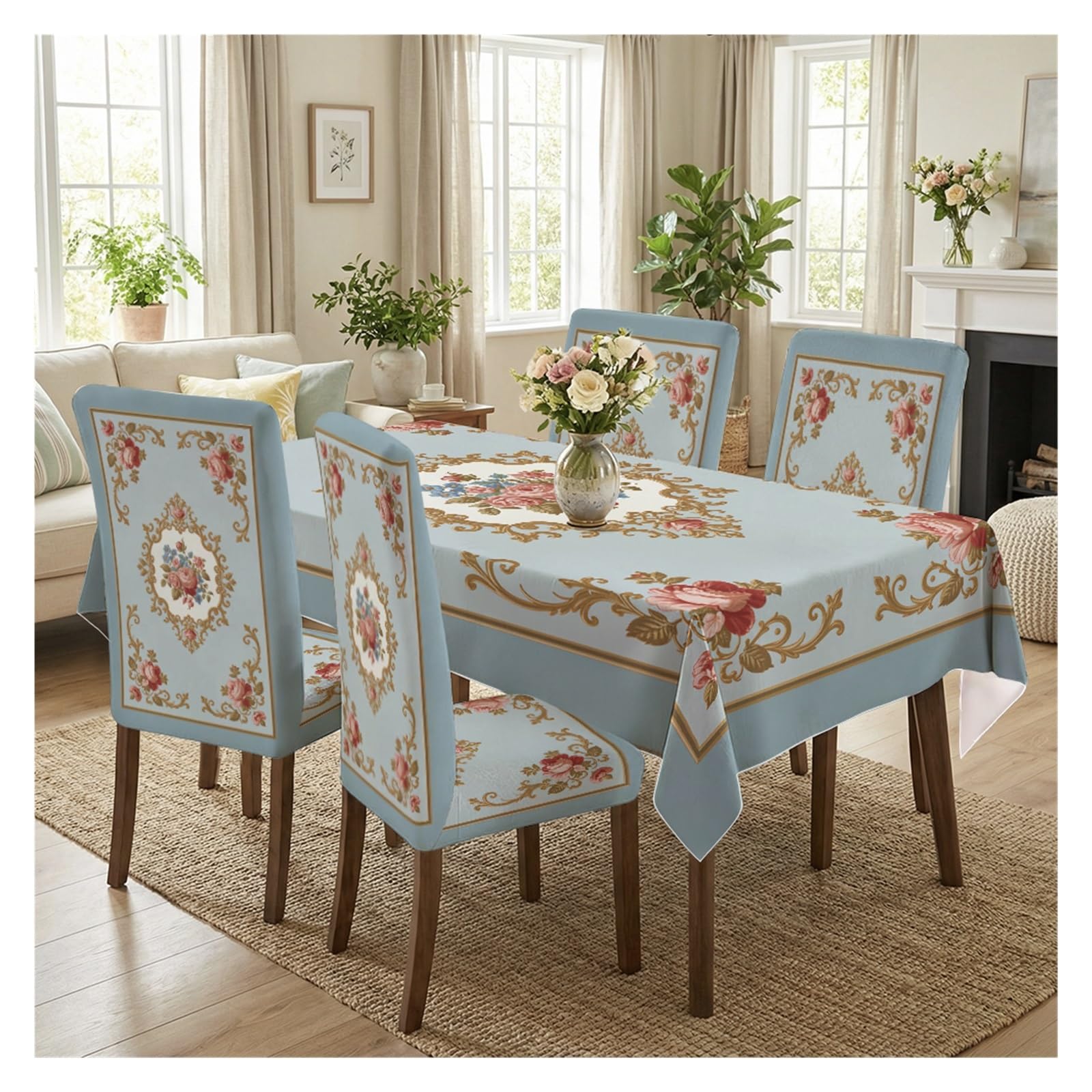 KXUAUV Vintage Floral Dining Chair Covers With Tablecloth Set, 5/7 Piece Elegant Chair Slipcovers For Classic French Dining And Home Decor Party Decor(5pcs Set: Tablecloth+Chair Covers)